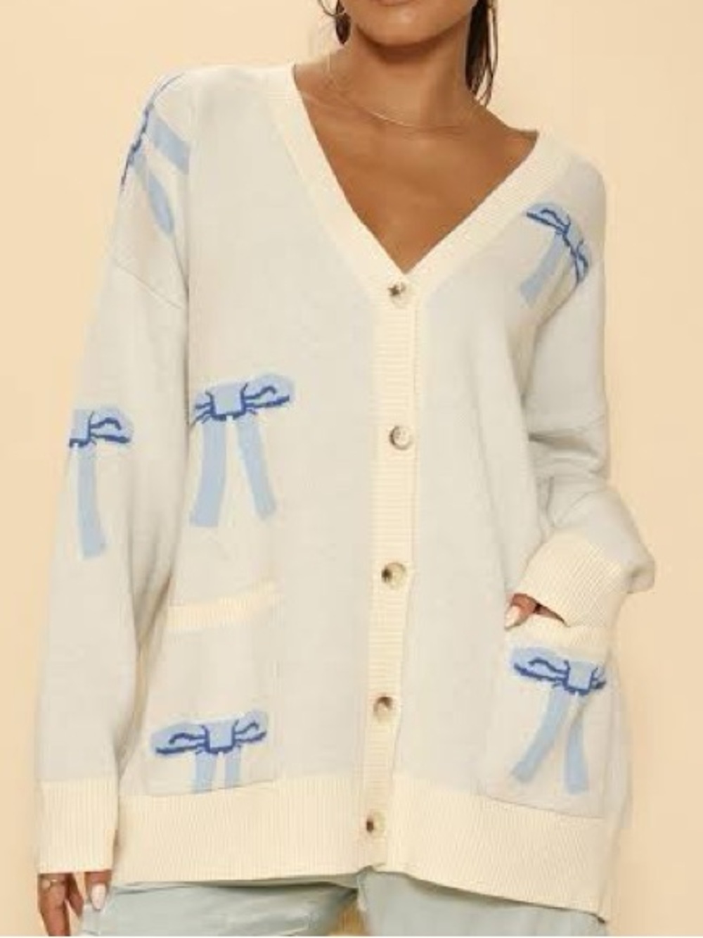 Miss Sparkling Ivory Blue Bow Cardigan Oversized V Neck Knit. Size L